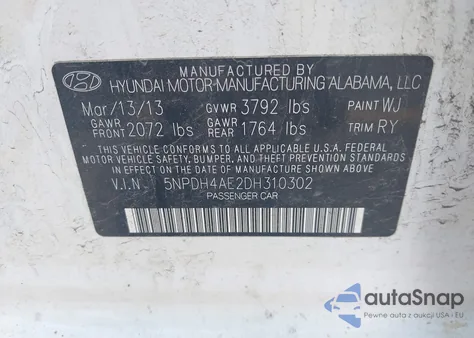 2013 Hyundai Elantra Limited из США, поврежденный, VIN 5NPDH4AE2DH310302